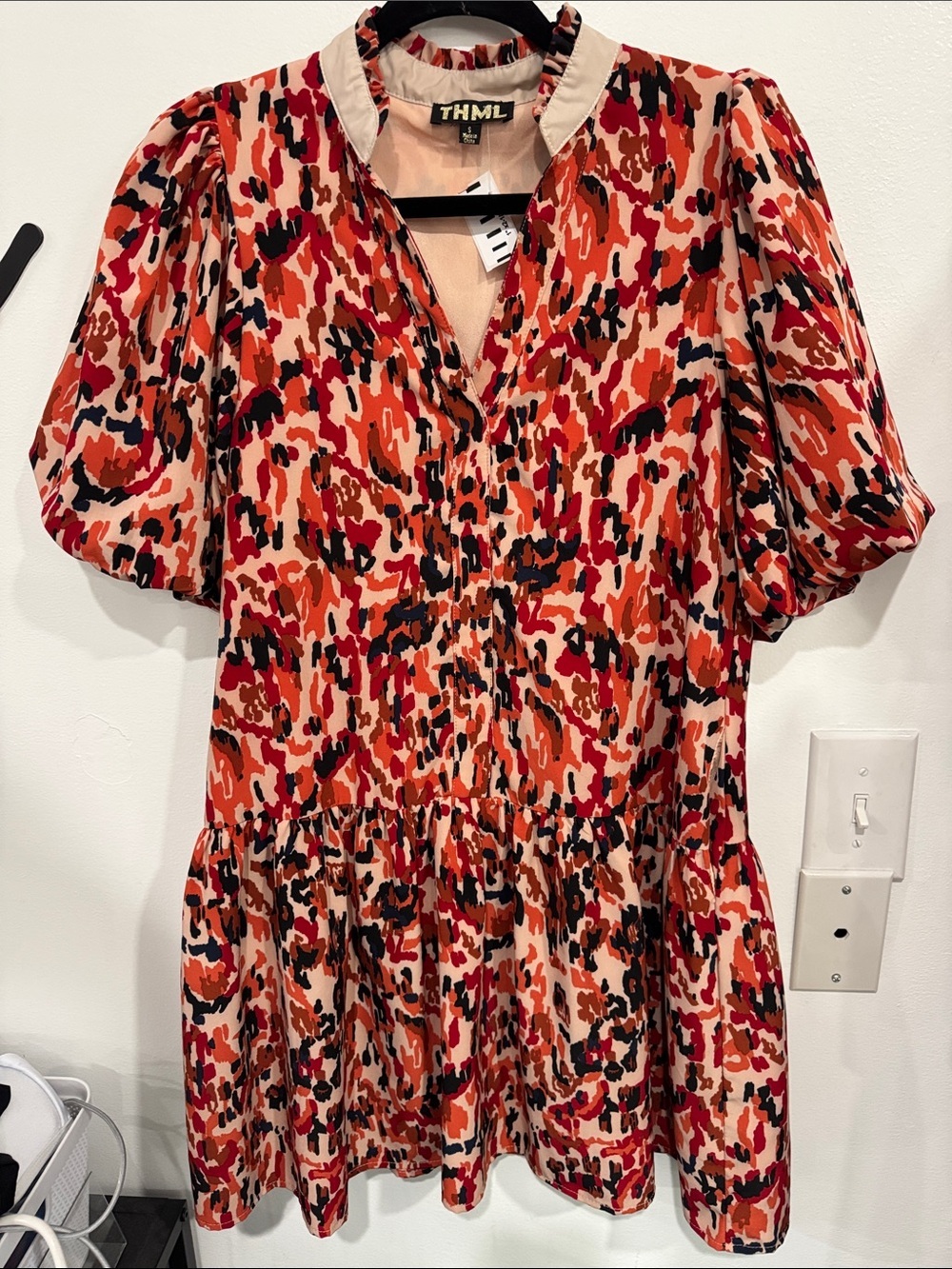 THML Red Pink and Black Abstract Tiered Mini Dress